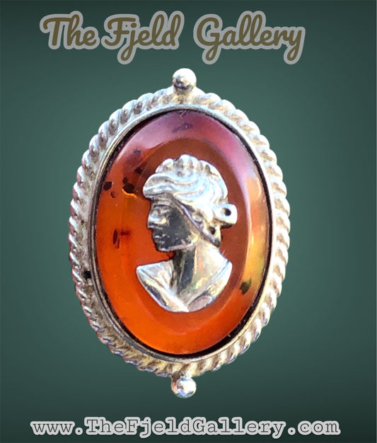 Vintage Sterling Silver & Baltic Amber Cameo Ring