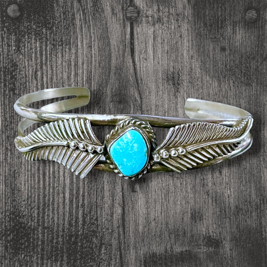 Native American Turquoise Double Leaf Sterling Silver Cuff Bracelet