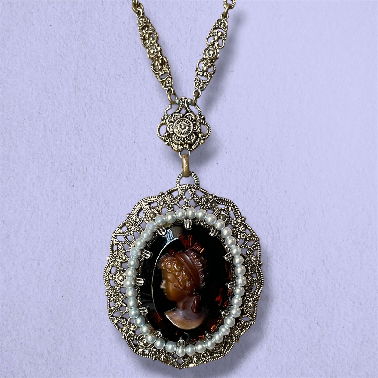 West German Brass Filigree Amber Art Glass Cameo & Pearl Necklace