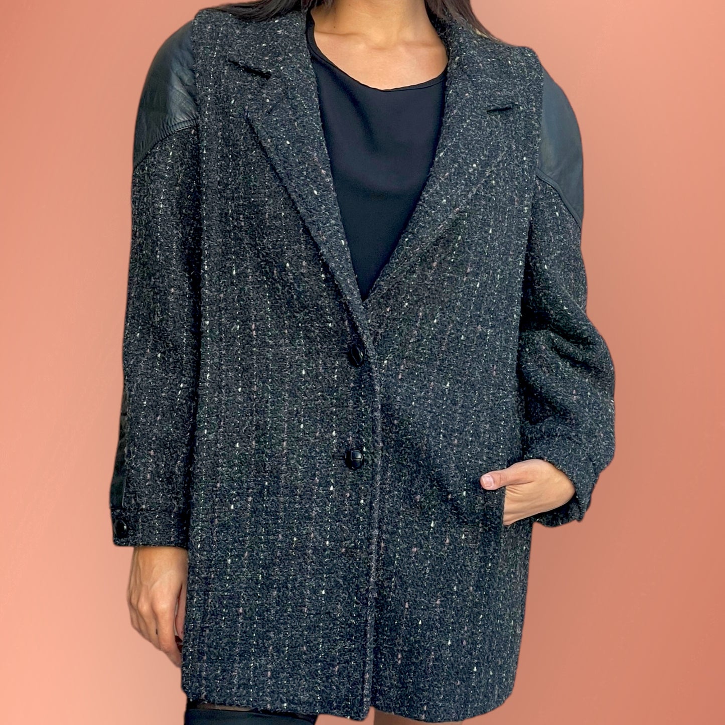 Fashionable Vintage Pink & White Pinstriped Grey Tweed Wool Blend Coat with Leather Shoulder