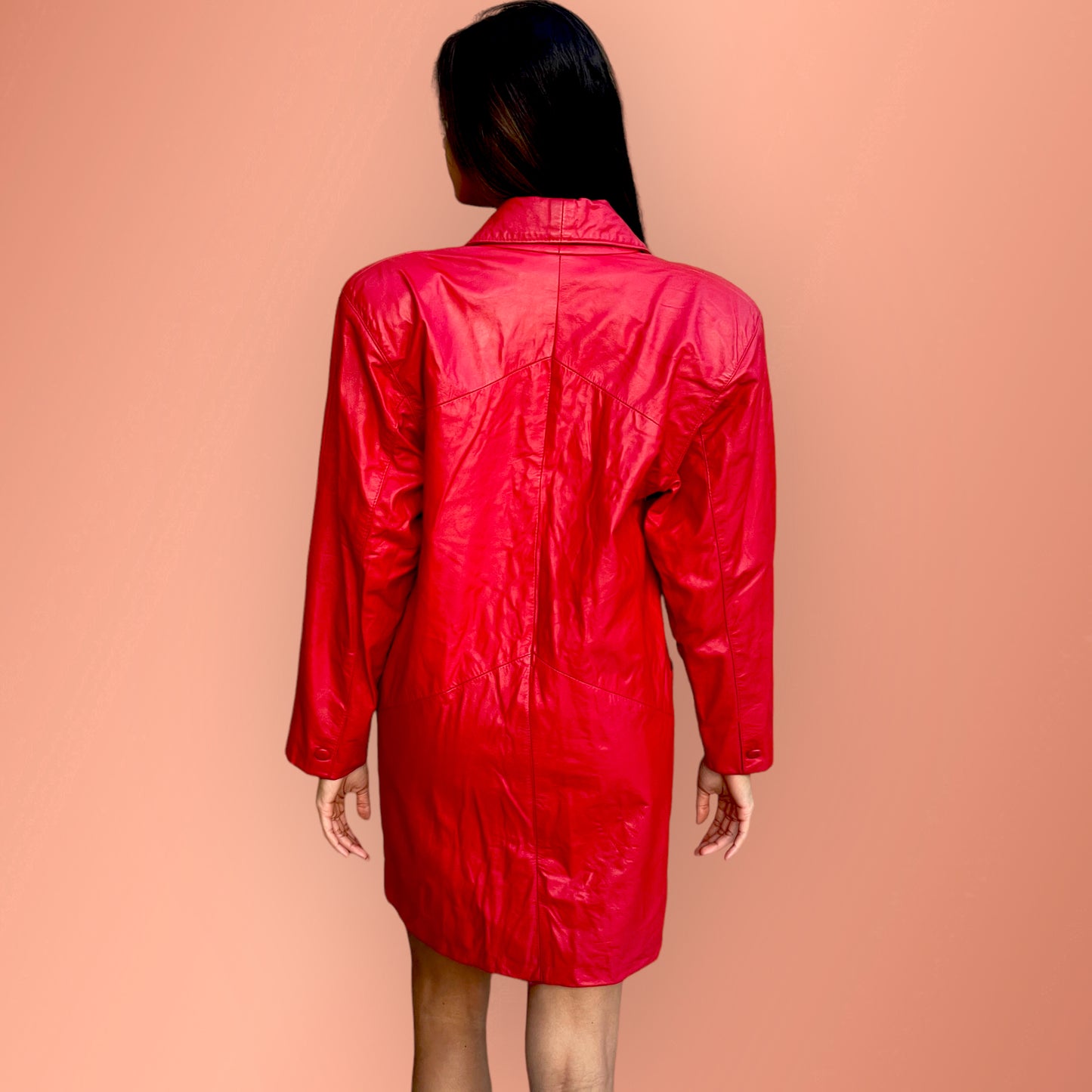 Vintage Retro Red Leather Long Blazer Style Jacket