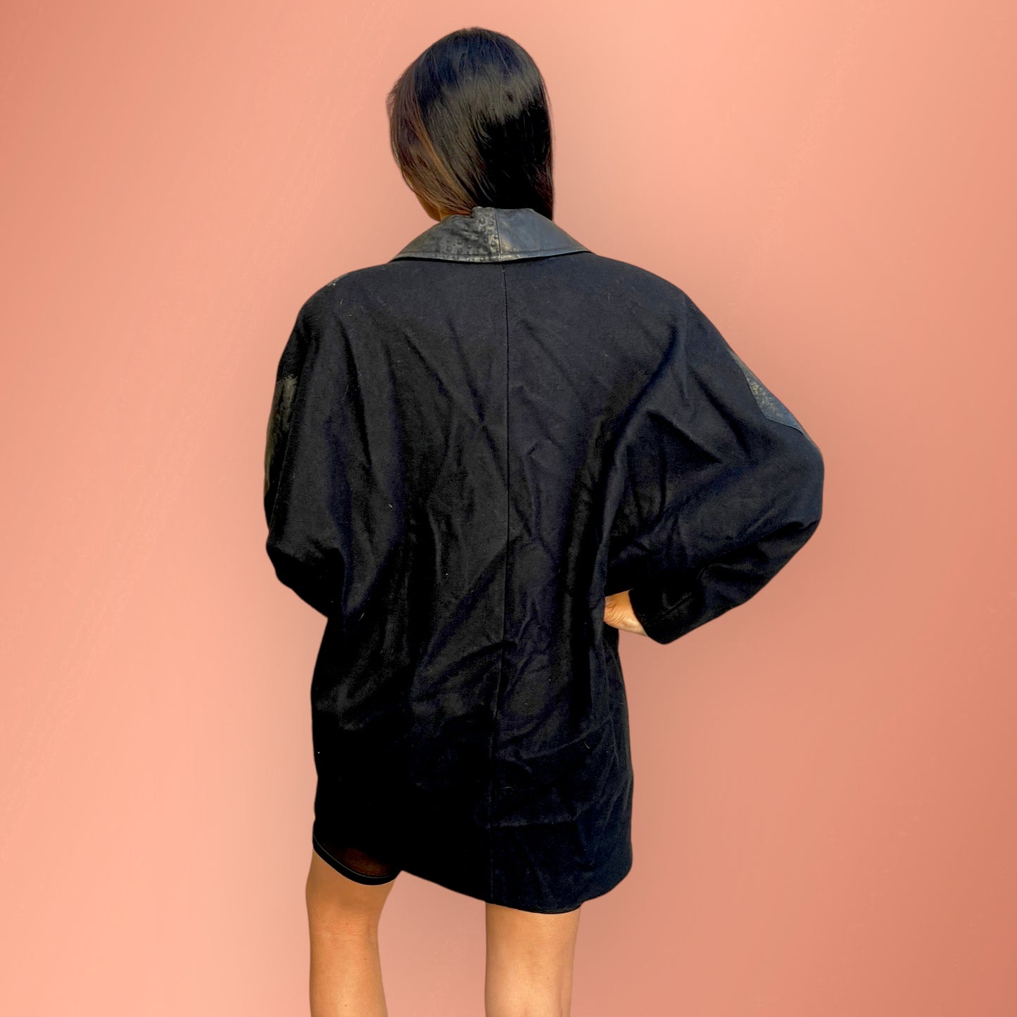 Vintage 1990’s Havoc Black Wool & Leopard Print Leather Batwing Oversized Blazer Jacket