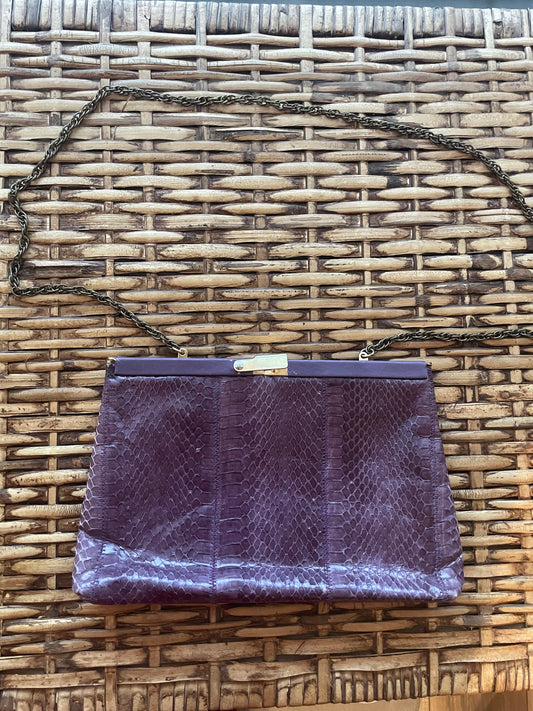 Vintage 1970’s Purple Snake Skin Leather Accordion Purse with Chain Strap