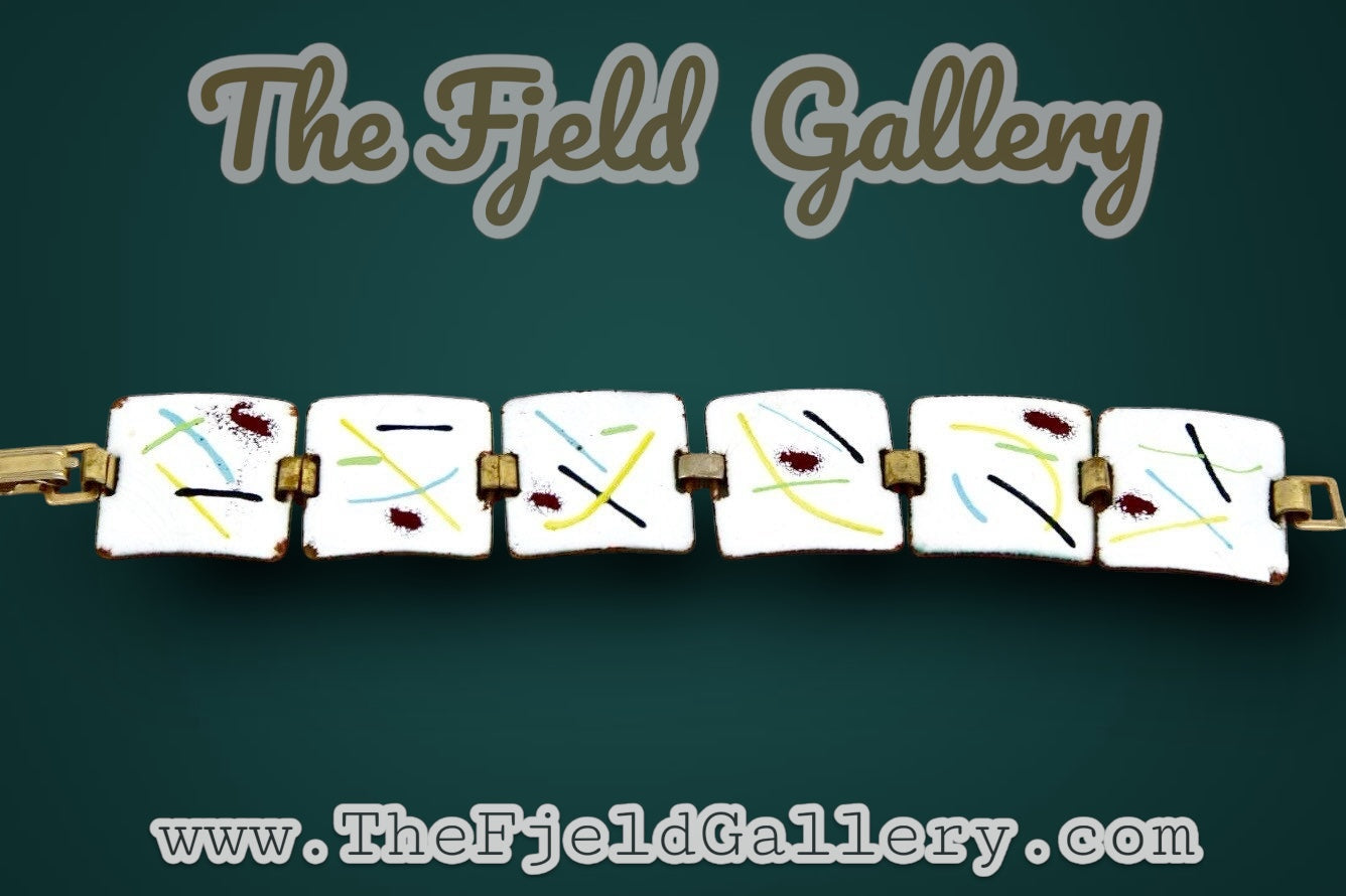 Vintage Enamel Modern Abstract Art On Copper Link Bracelet