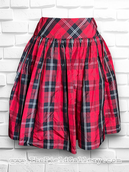 Vintage Red, Black & White Plaid Full Mid-Calf Holiday Silk Skirt