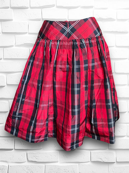 Vintage Red, Black & White Plaid Full Mid-Calf Holiday Silk Skirt