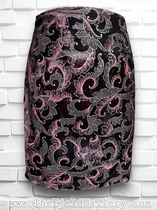 Vintage 1990’s Maroon Velvet & Metallic Gold & Magenta Paisley Mini Pencil Skirt