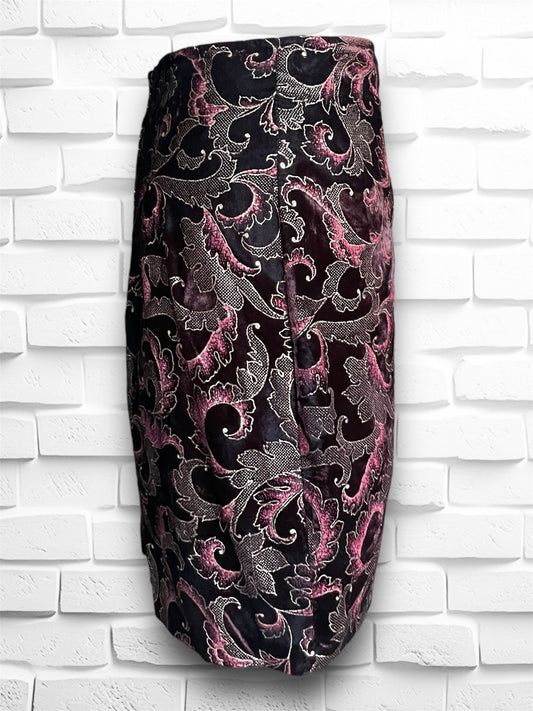 Vintage 1990’s Maroon Velvet & Metallic Gold & Magenta Paisley Mini Pencil Skirt