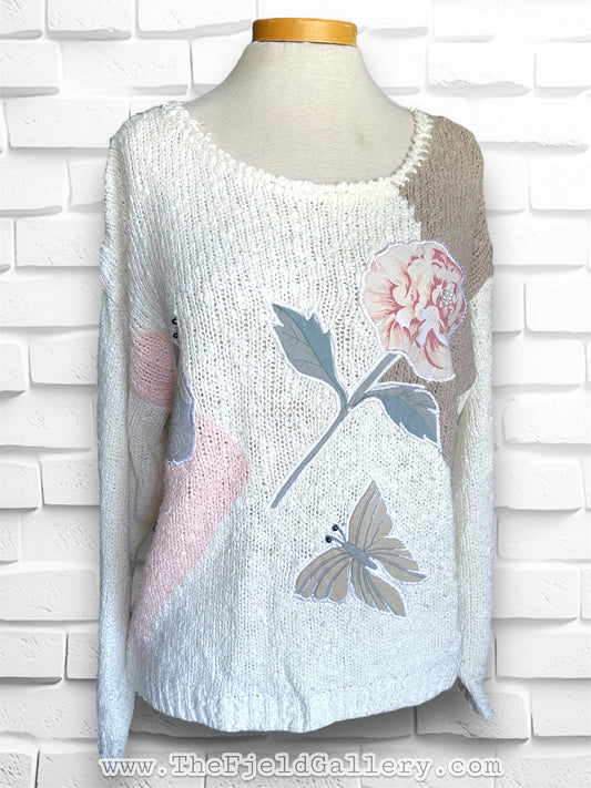 Vintage 1980’s Geometric Color Block Rose & Butterfly Sweater