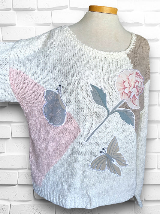 Vintage 1980’s Geometric Color Block Rose & Butterfly Sweater