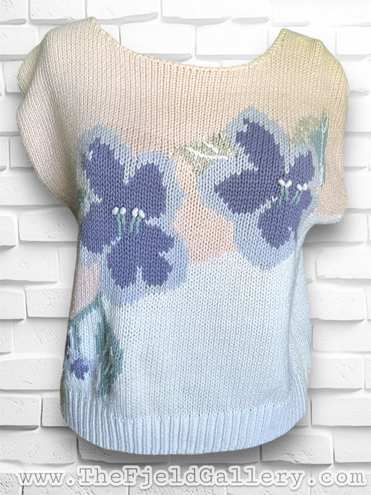 Vintage 1980’s Short Sleeve Knit Purple Flower Color Block Pink & White Sweater