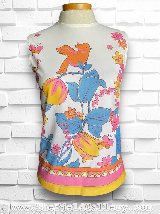 Vintage 1960’s Bird & Tulip Print Orange, Blue, Yellow, Pink & White Sleeveless Shirt