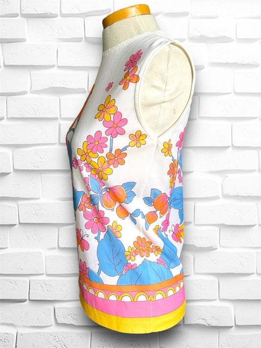 Vintage 1960’s Bird & Tulip Print Orange, Blue, Yellow, Pink & White Sleeveless Shirt