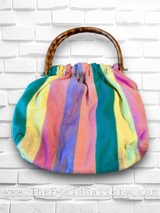 Vintage 1960’s Rainbow Stripe Carpet Bag with Bamboo Handle Purse