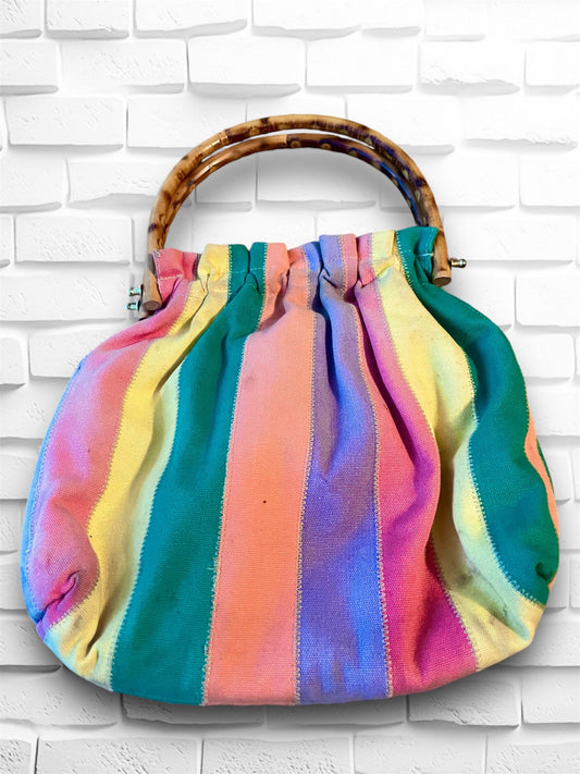 Vintage 1960’s Rainbow Stripe Carpet Bag with Bamboo Handle Purse