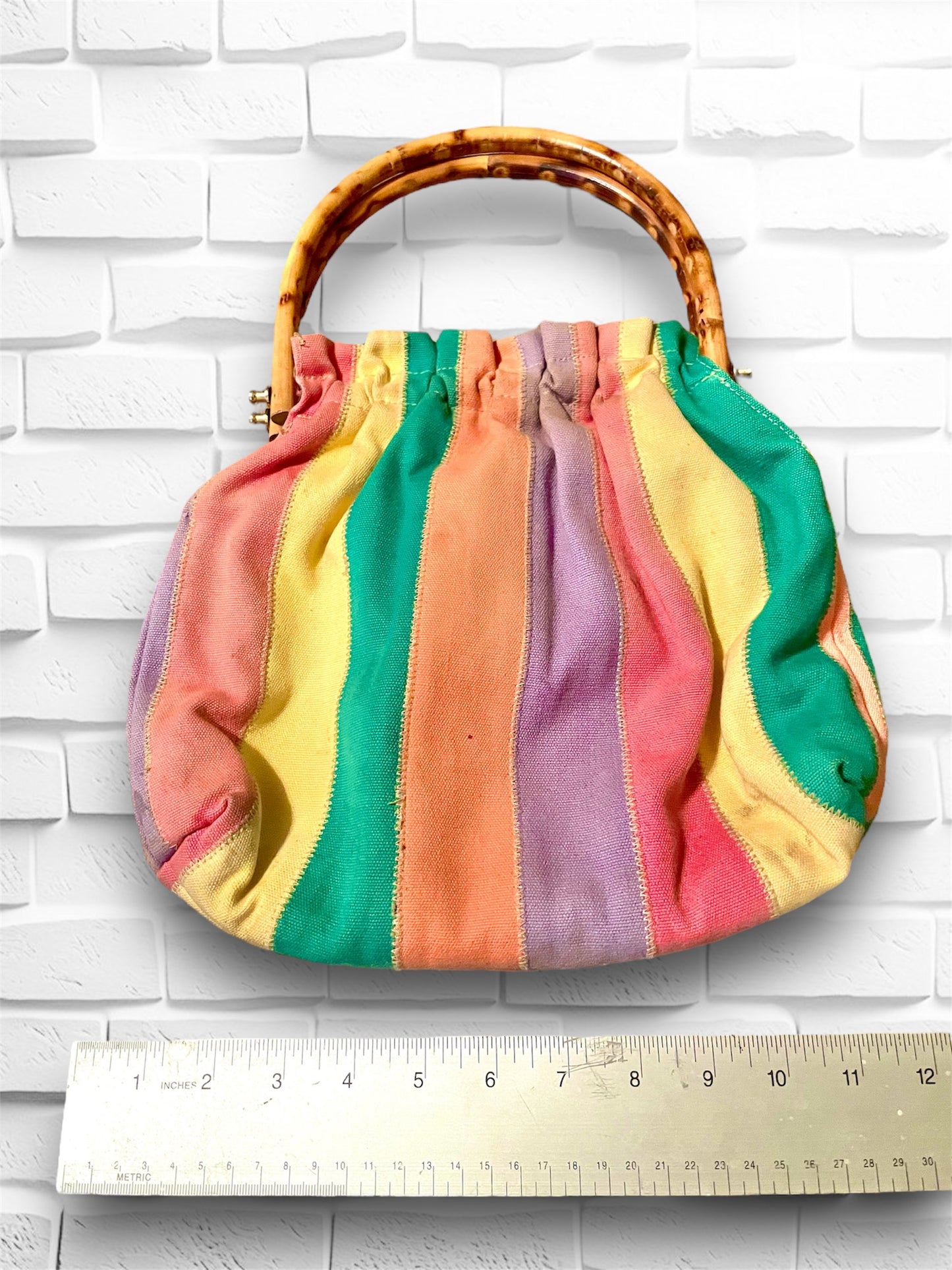 Vintage 1960’s Rainbow Stripe Carpet Bag with Bamboo Handle Purse