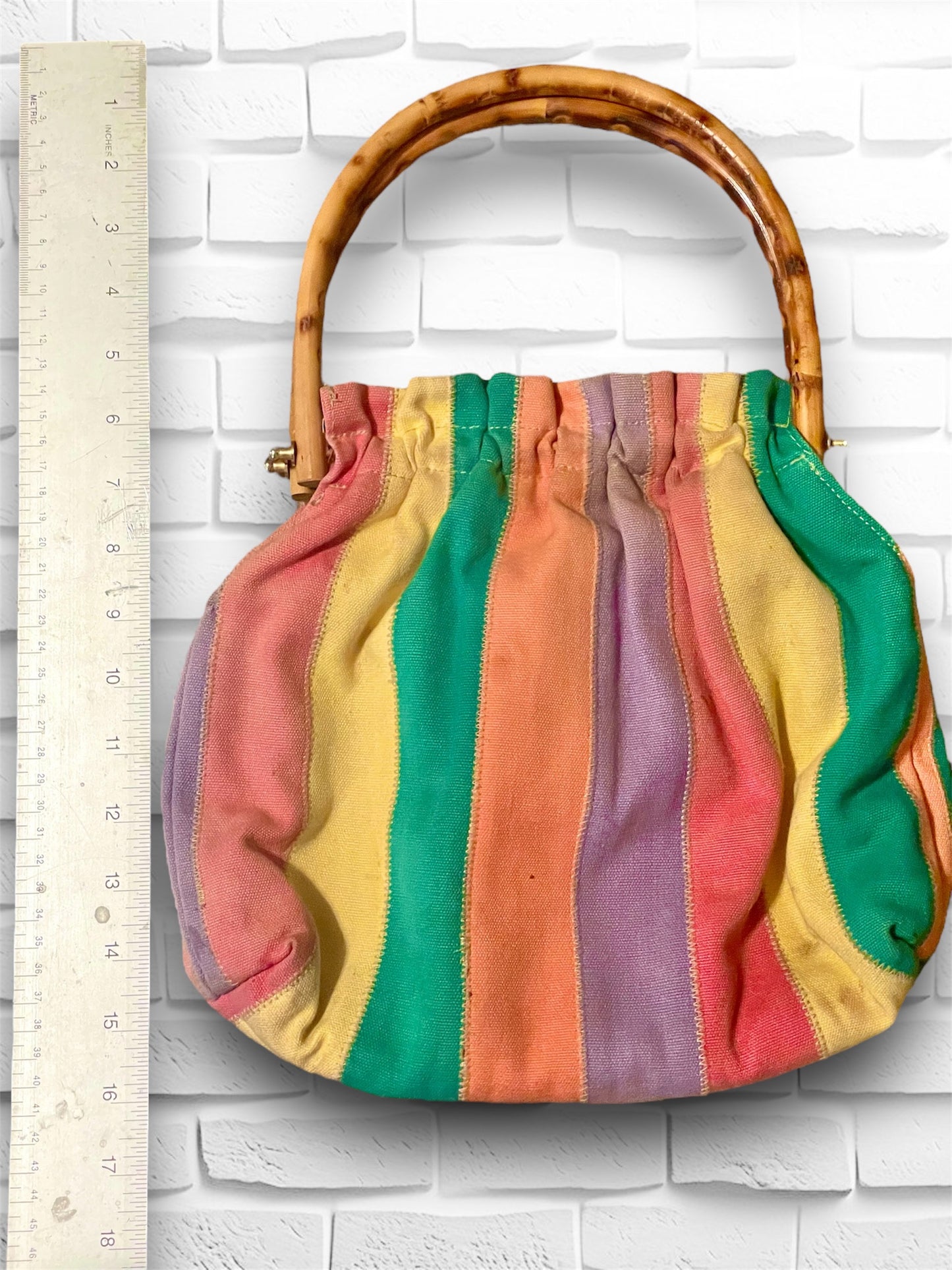 Vintage 1960’s Rainbow Stripe Carpet Bag with Bamboo Handle Purse