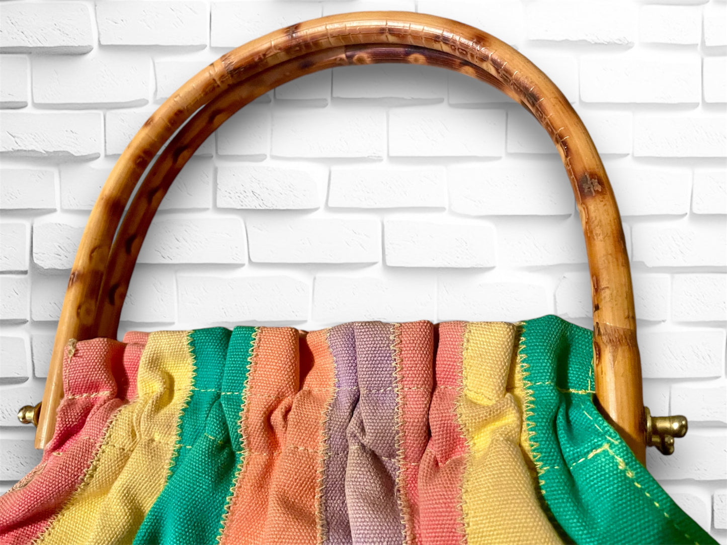 Vintage 1960’s Rainbow Stripe Carpet Bag with Bamboo Handle Purse