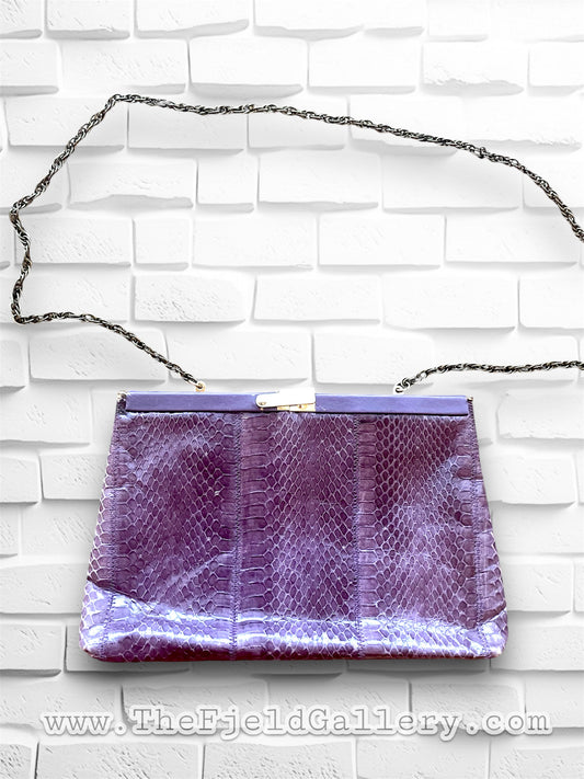 Vintage 1970’s Purple Snake Skin Leather Accordion Purse with Chain Strap