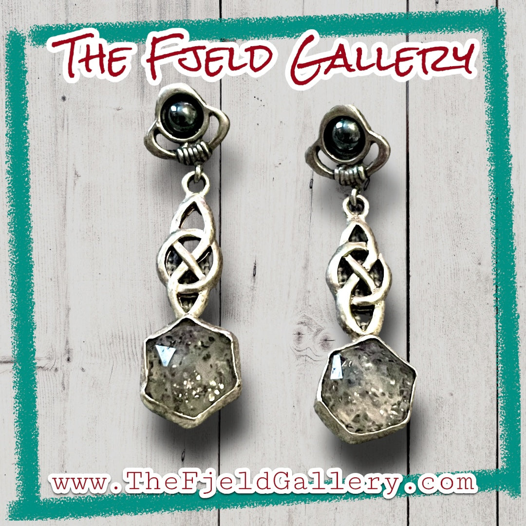 Handmade Sterling Silver Hematite & Mica Granite Agate Celtic Dangle Earrings