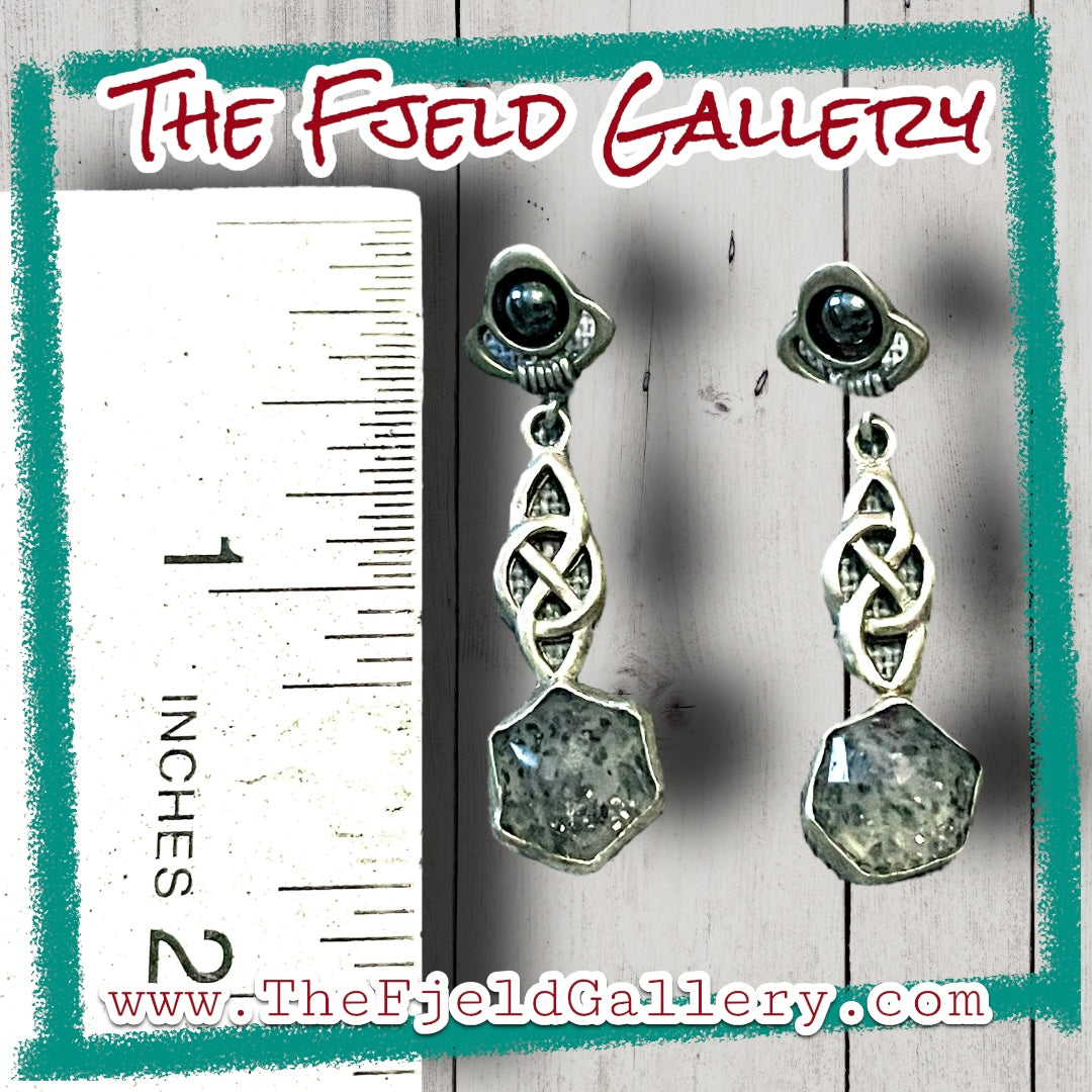 Handmade Sterling Silver Hematite & Mica Granite Agate Celtic Dangle Earrings