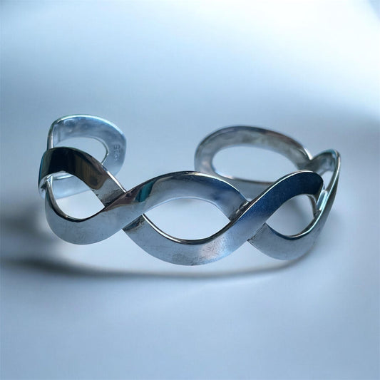 Vintage Minimalist Infinity DNA Spiral Solid Sterling Silver Cuff Bracelet