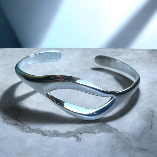 Vintage Solid Sterling Silver Minimalist Abstract Geometric Cuff Bracelet