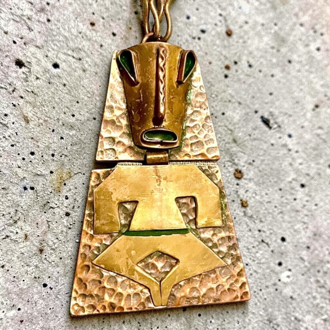 Vintage Brass & Copper Rebejas Designer Person Figural Mask Necklace