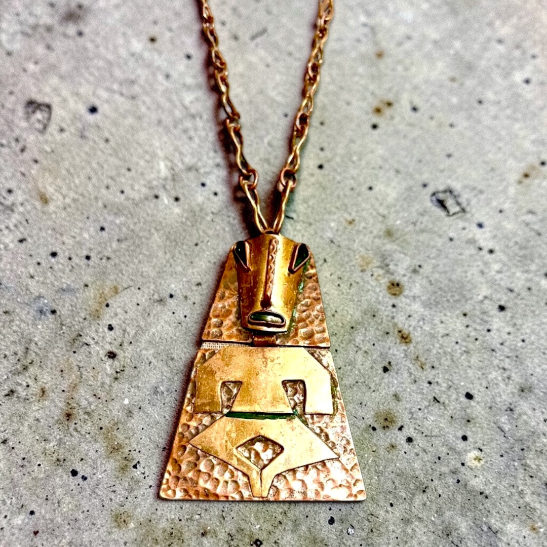 Vintage Brass & Copper Rebejas Designer Person Figural Mask Necklace