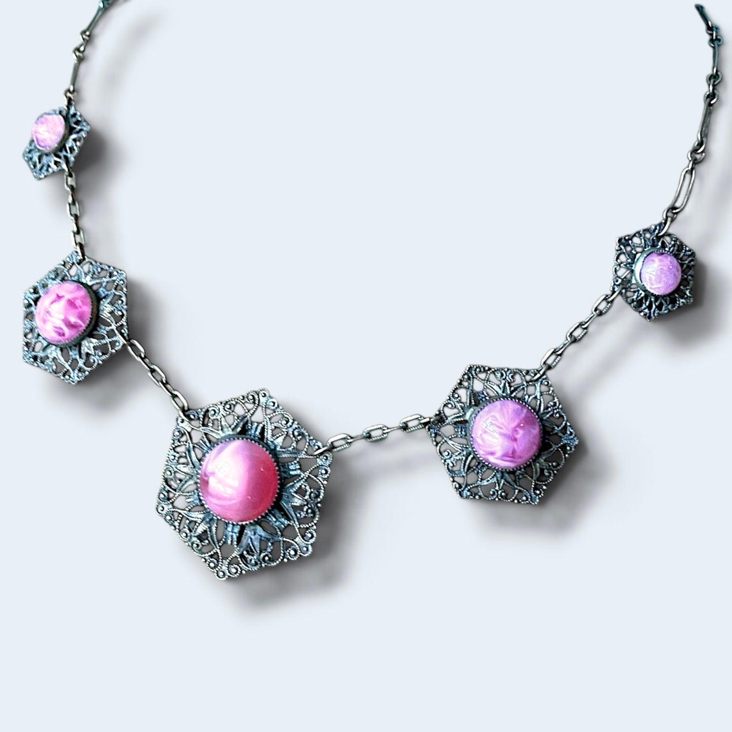 Art Nouveau Pink Marble Art Glass Brass Filigree Choker Necklace