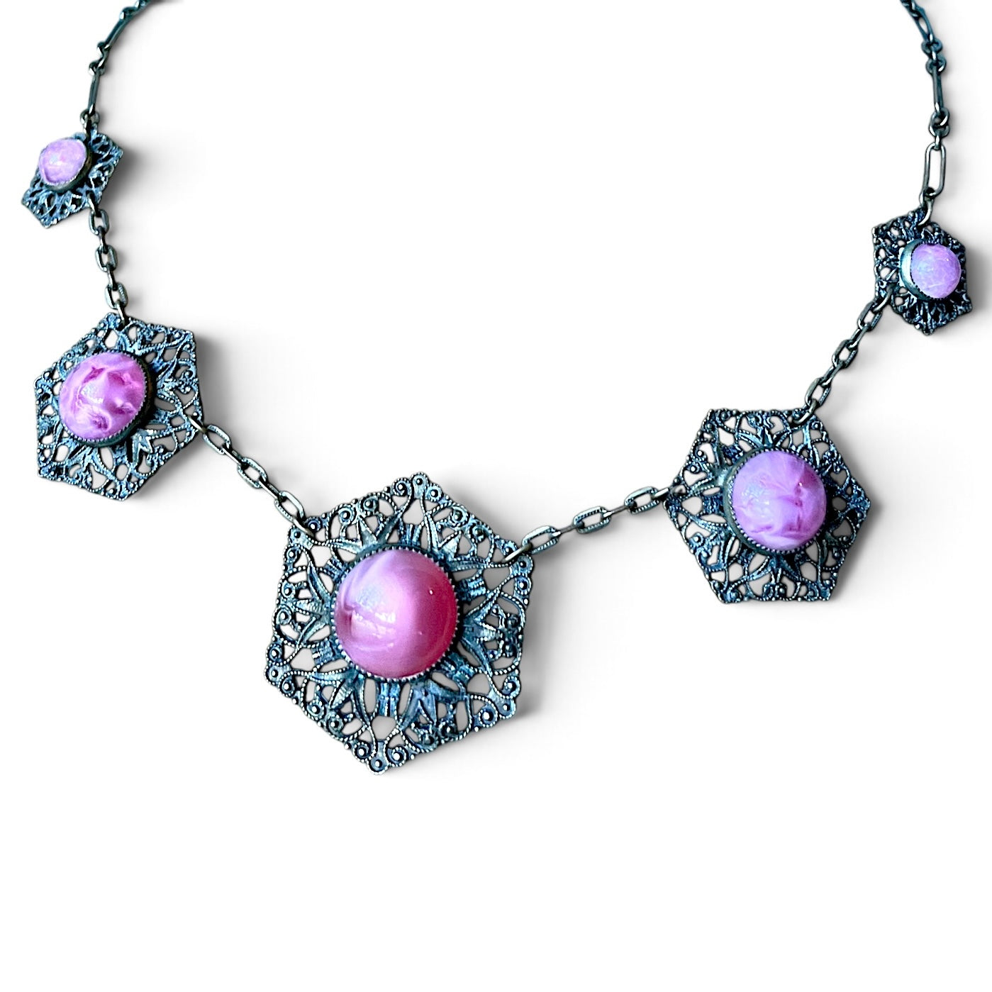 Art Nouveau Pink Marble Art Glass Brass Filigree Choker Necklace