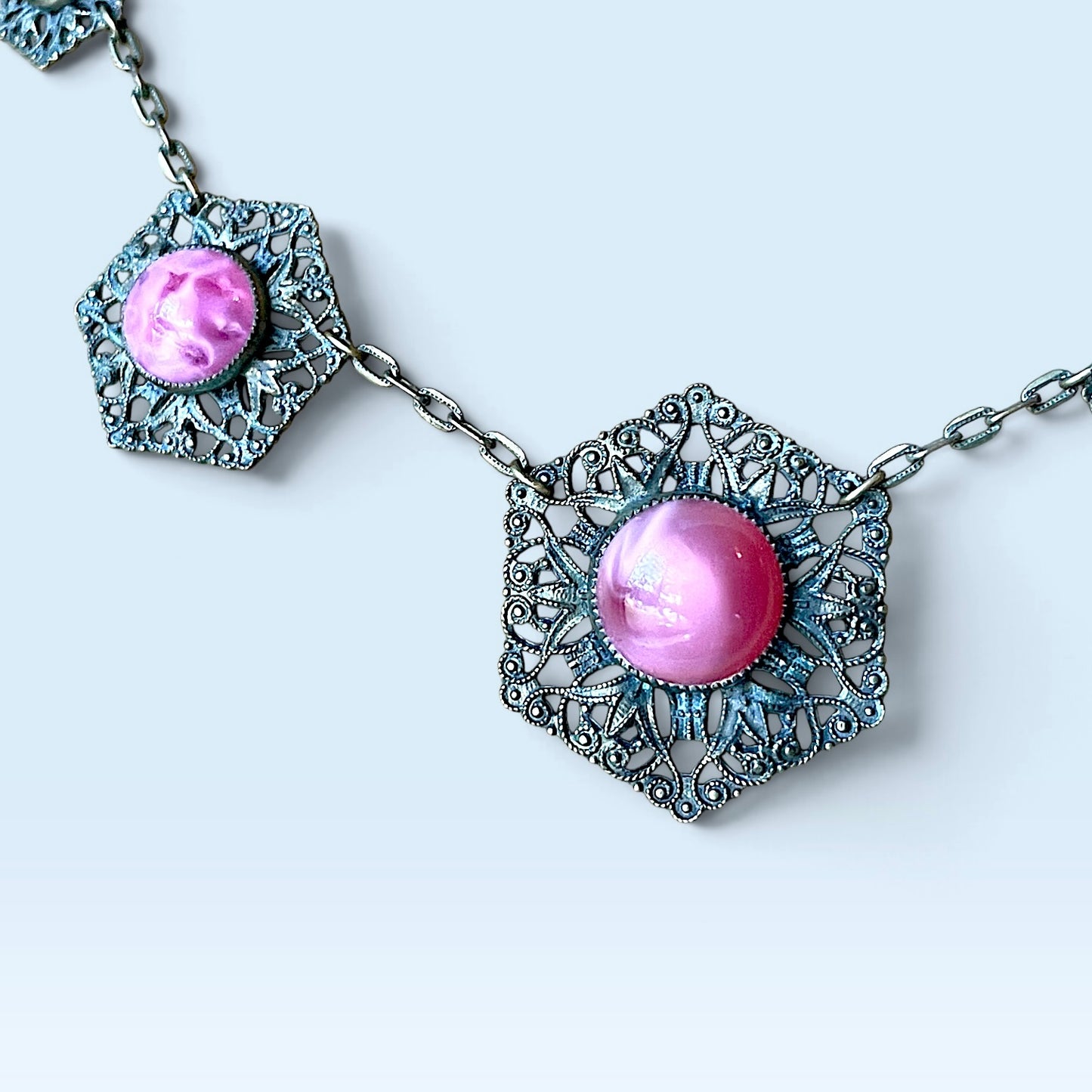 Art Nouveau Pink Marble Art Glass Brass Filigree Choker Necklace