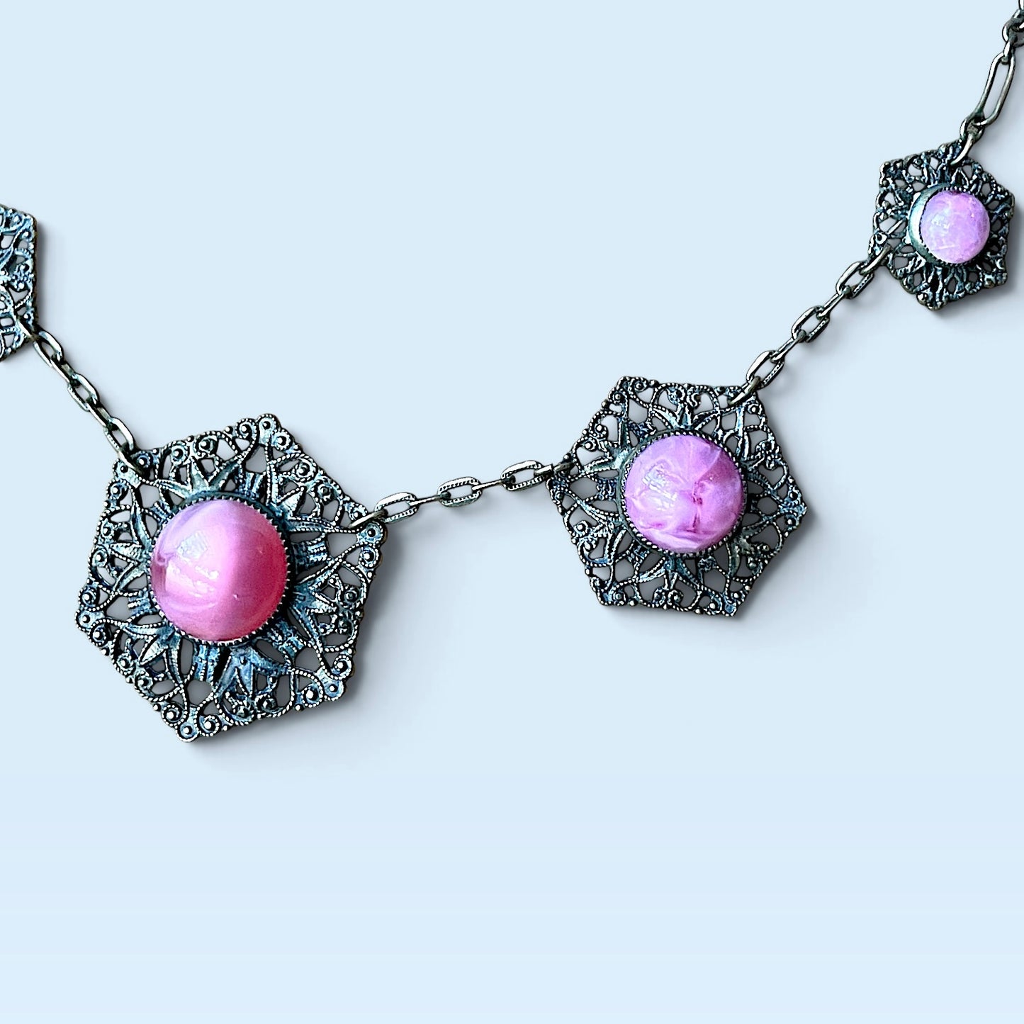 Art Nouveau Pink Marble Art Glass Brass Filigree Choker Necklace