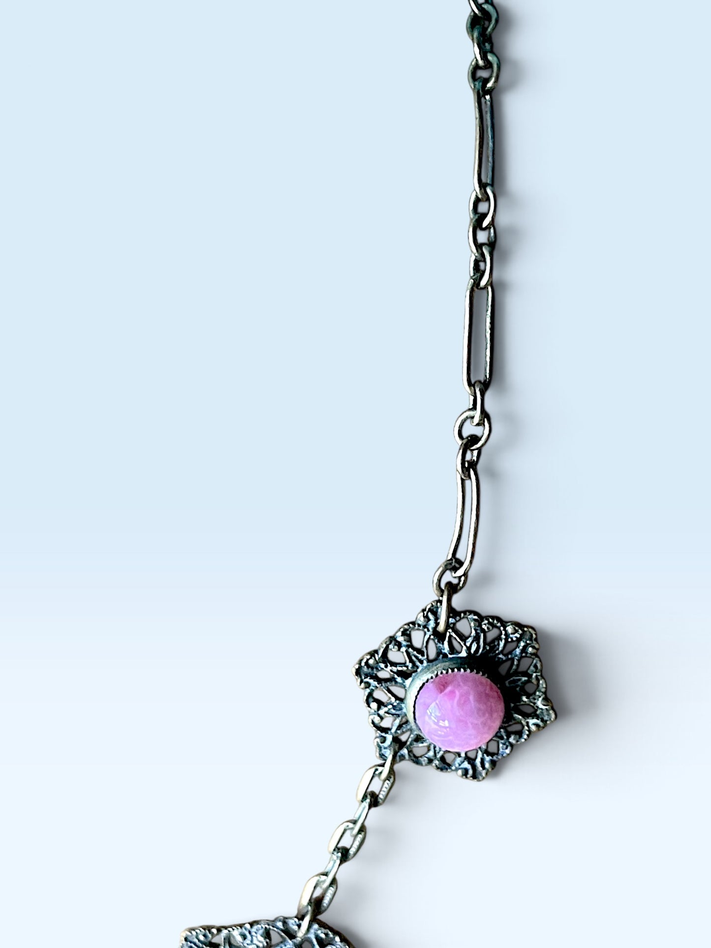 Art Nouveau Pink Marble Art Glass Brass Filigree Choker Necklace
