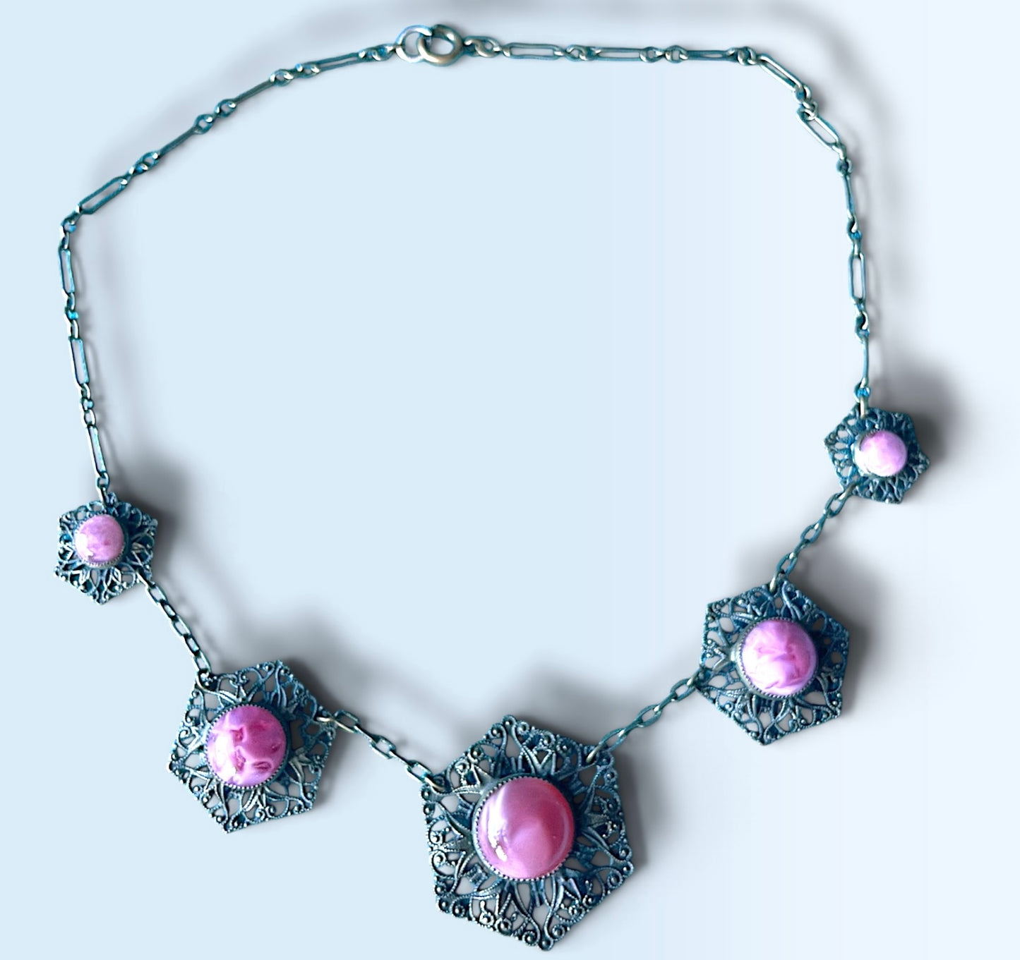 Art Nouveau Pink Marble Art Glass Brass Filigree Choker Necklace
