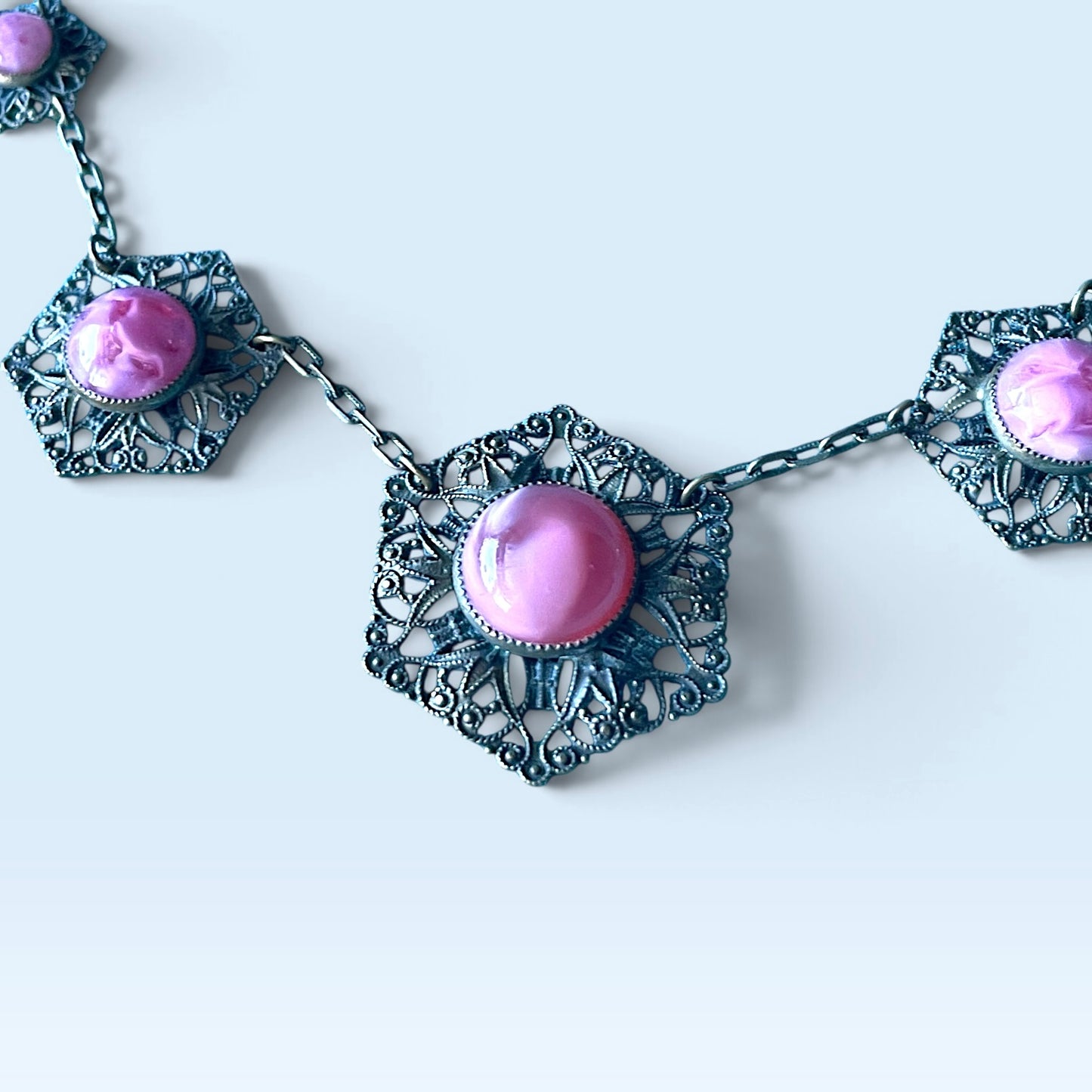 Art Nouveau Pink Marble Art Glass Brass Filigree Choker Necklace