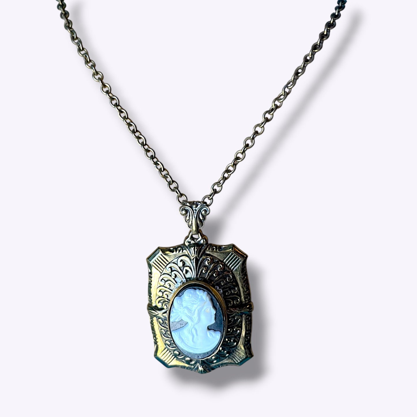 Art Deco Large Square Embossed Black & White Mourning Cameo Locket Necklace