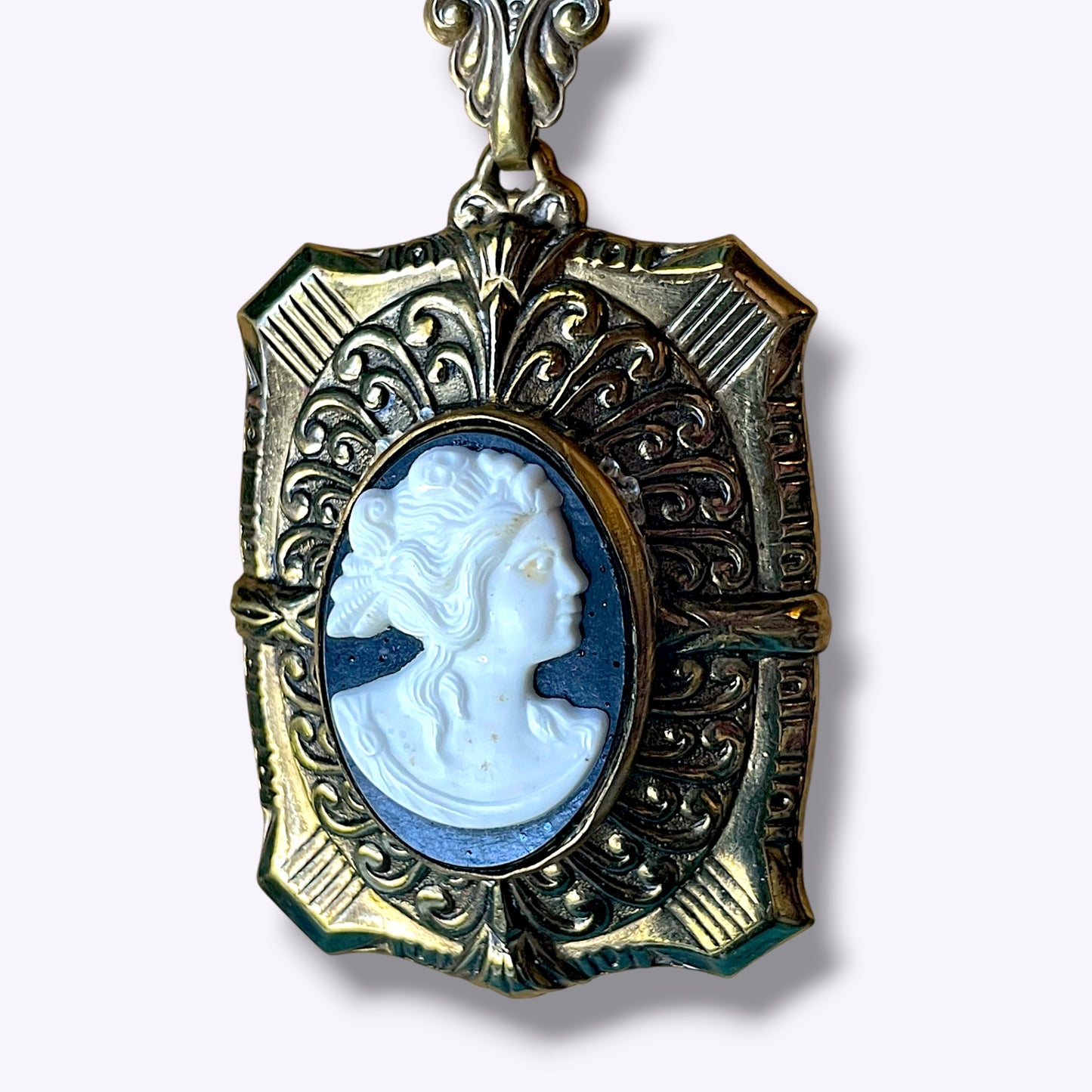 Art Deco Large Square Embossed Black & White Mourning Cameo Locket Necklace