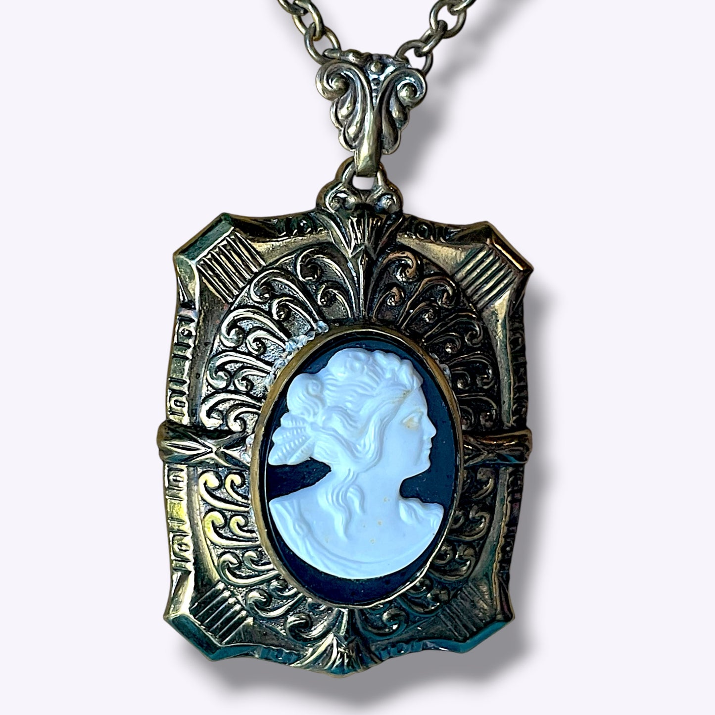 Art Deco Large Square Embossed Black & White Mourning Cameo Locket Necklace