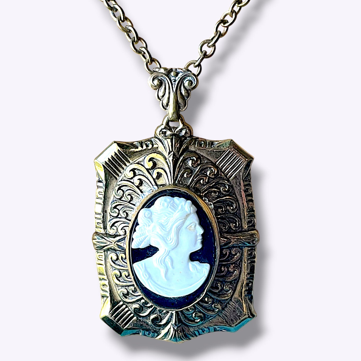 Art Deco Large Square Embossed Black & White Mourning Cameo Locket Necklace