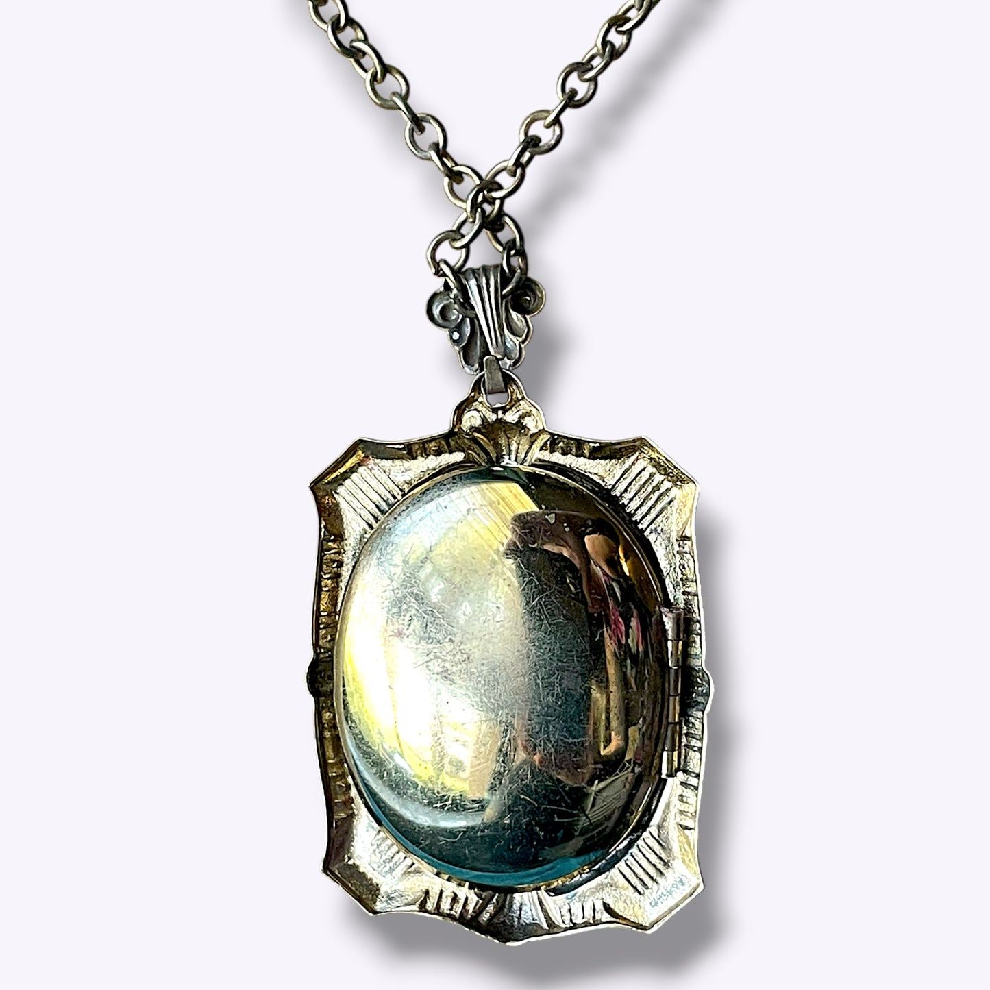 Art Deco Large Square Embossed Black & White Mourning Cameo Locket Necklace