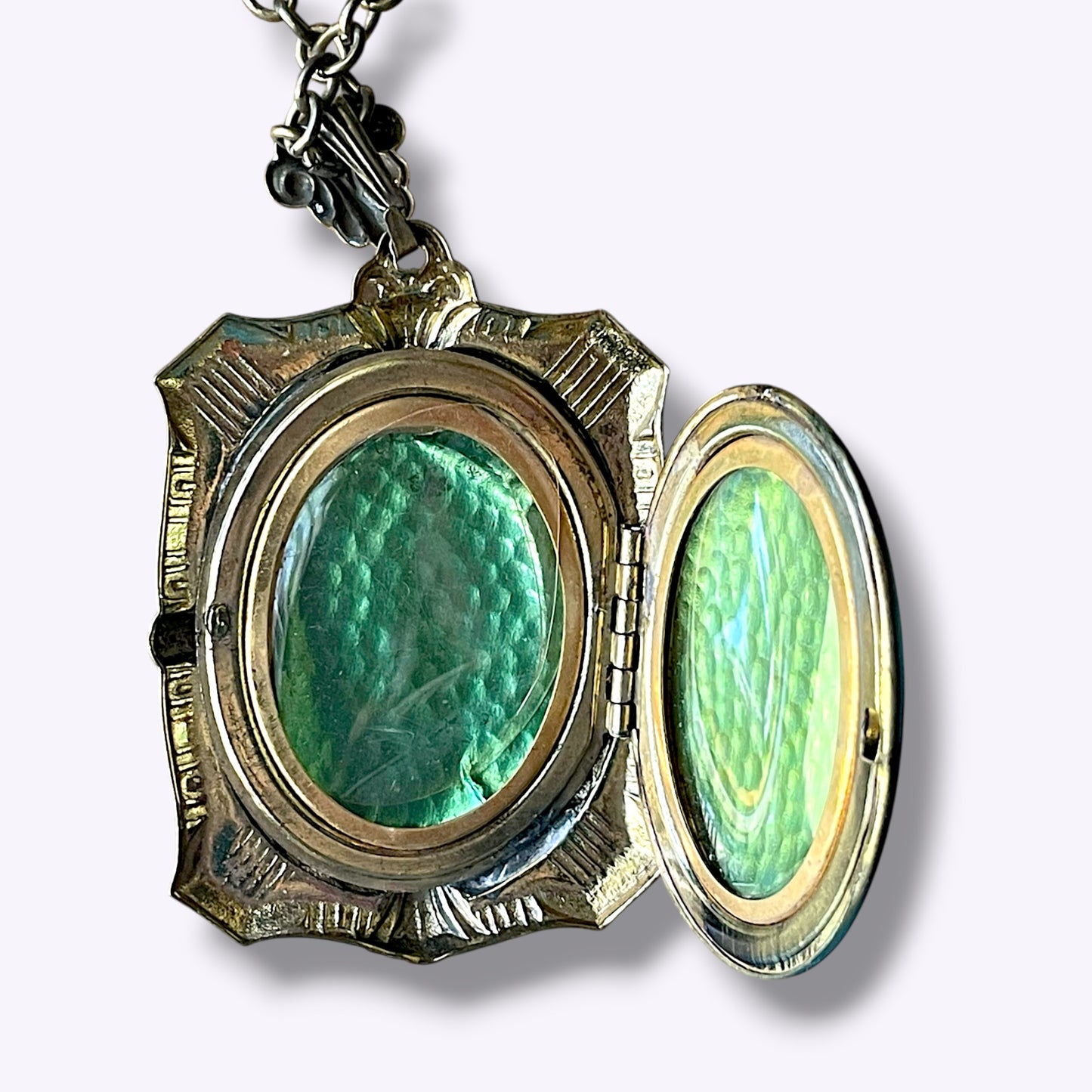 Art Deco Large Square Embossed Black & White Mourning Cameo Locket Necklace