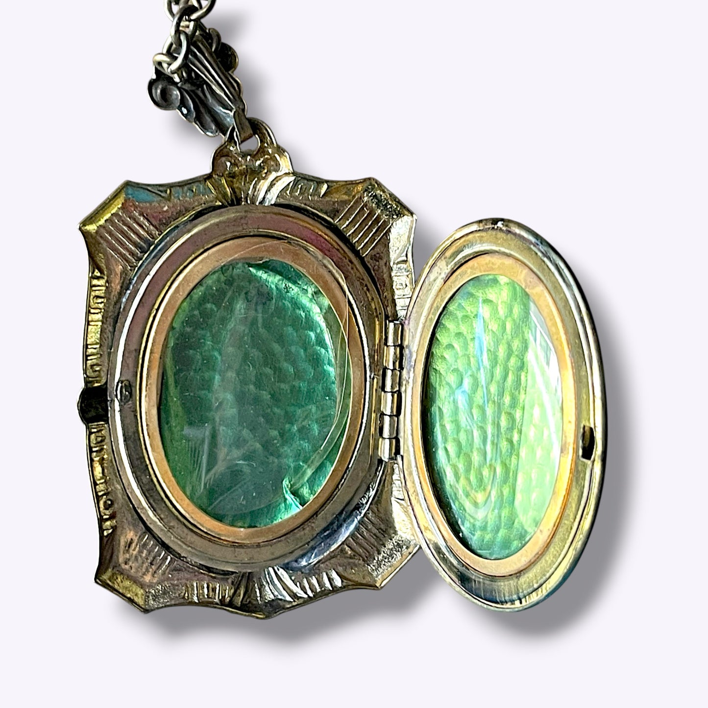 Art Deco Large Square Embossed Black & White Mourning Cameo Locket Necklace