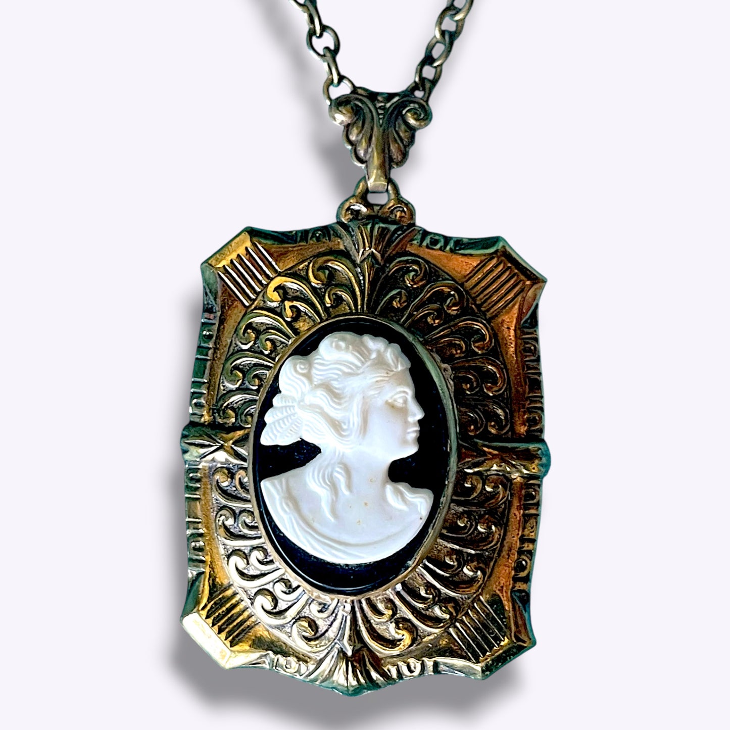 Art Deco Large Square Embossed Black & White Mourning Cameo Locket Necklace