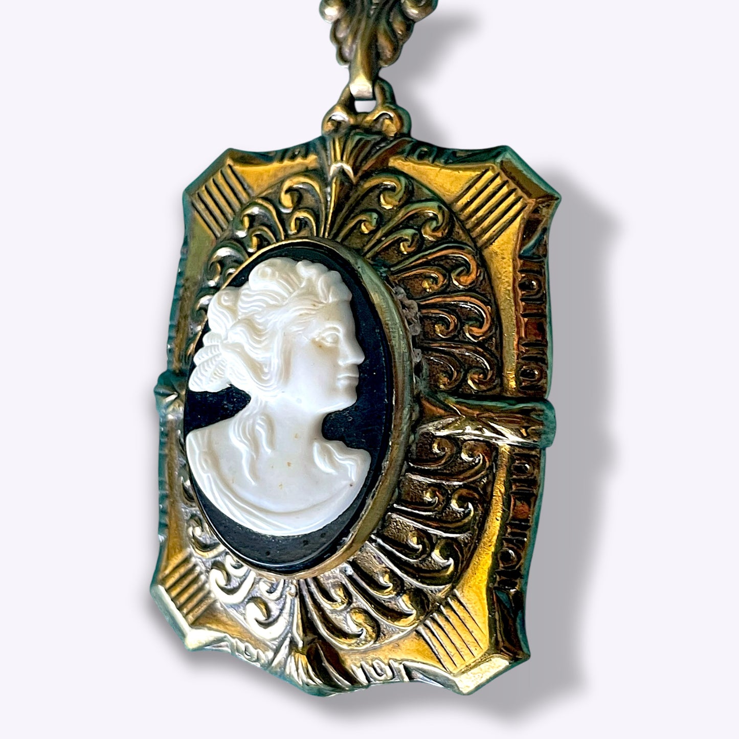 Art Deco Large Square Embossed Black & White Mourning Cameo Locket Necklace