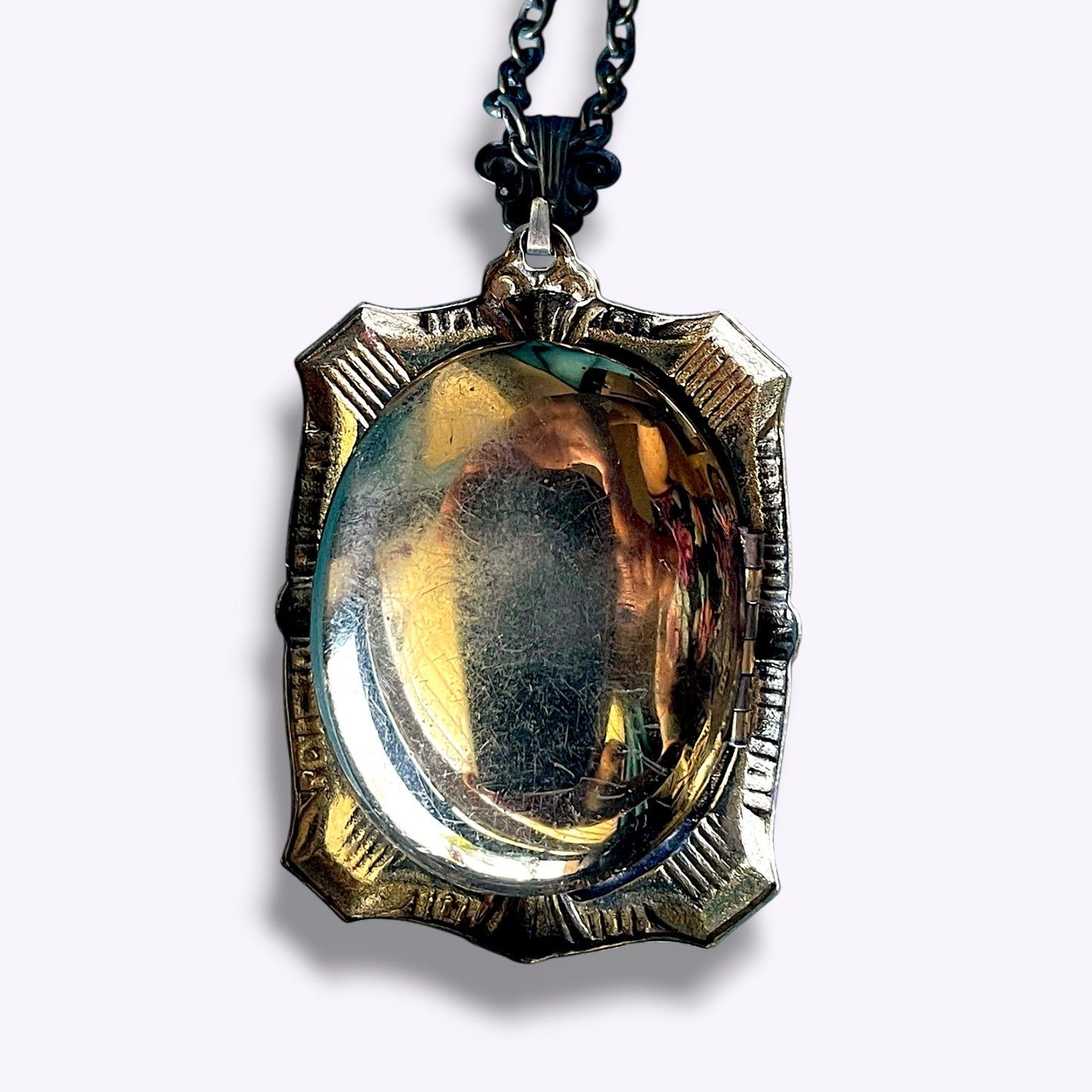 Art Deco Large Square Embossed Black & White Mourning Cameo Locket Necklace