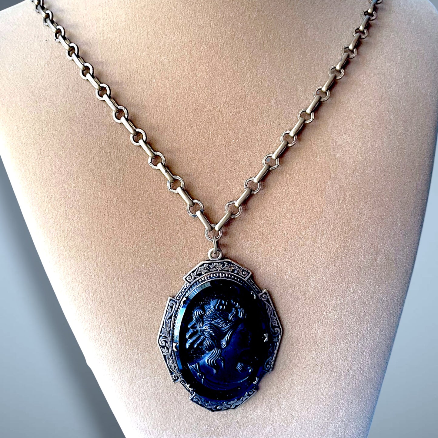 Victorian Engraved Gothic Black Glass Cameo Extra Long Heavy Brass Chain Necklace