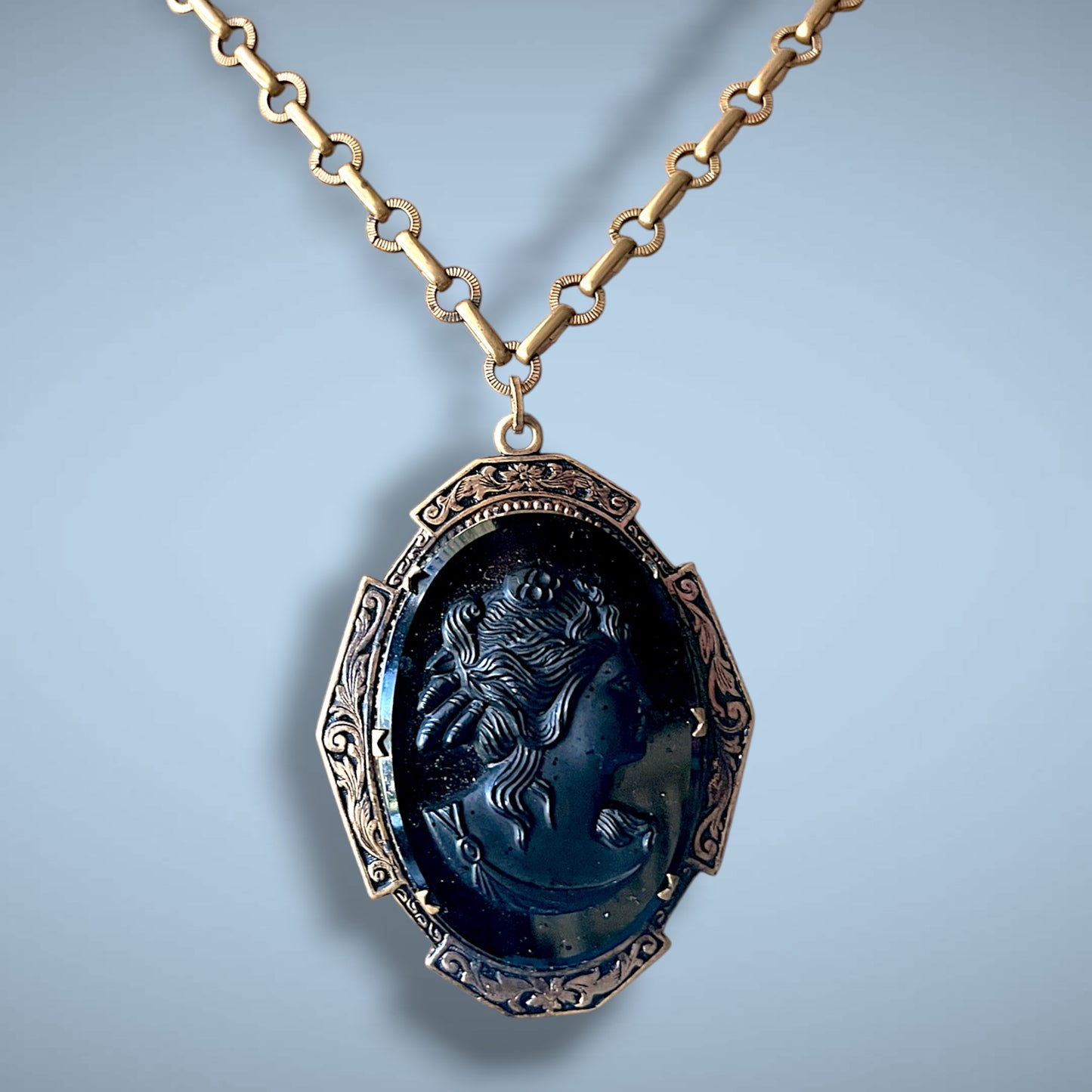 Victorian Engraved Gothic Black Glass Cameo Extra Long Heavy Brass Chain Necklace