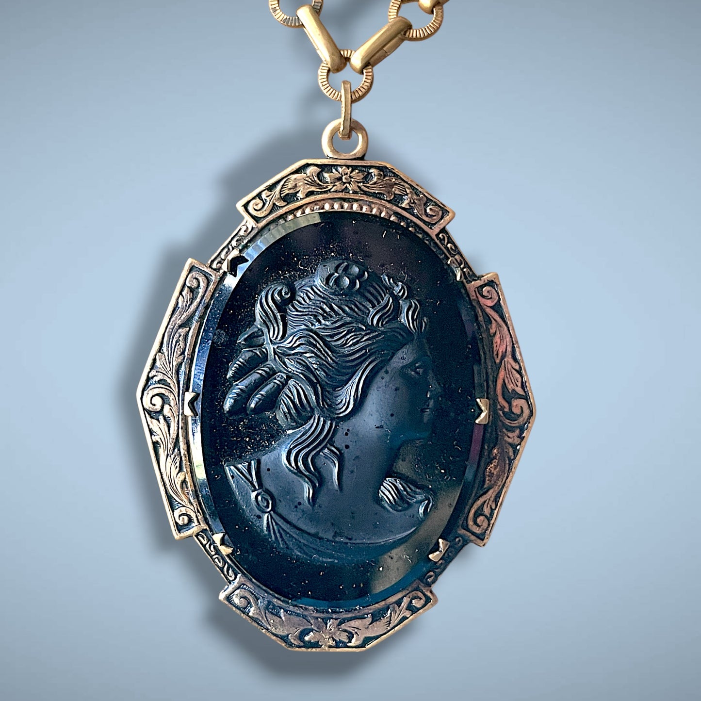 Victorian Engraved Gothic Black Glass Cameo Extra Long Heavy Brass Chain Necklace