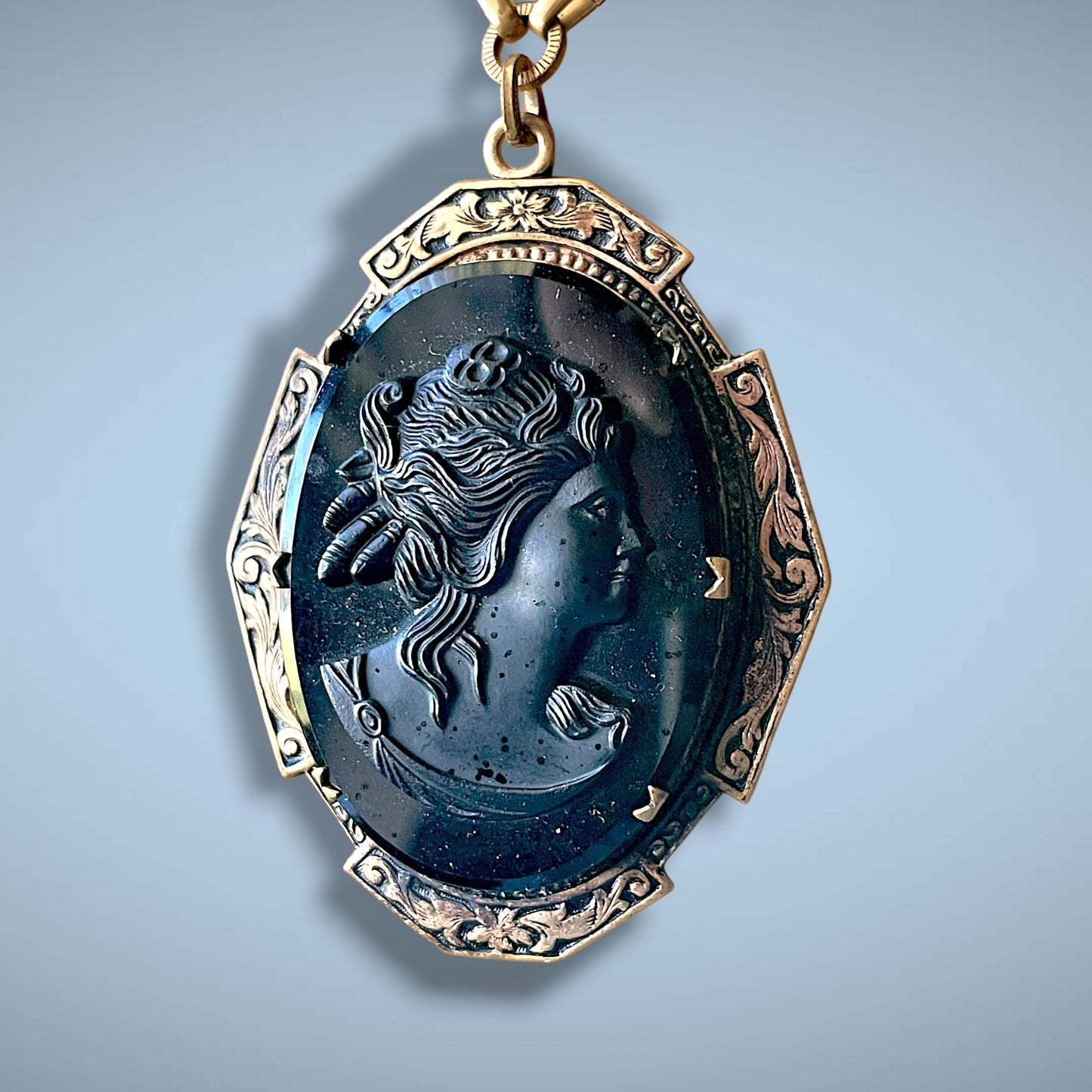 Victorian Engraved Gothic Black Glass Cameo Extra Long Heavy Brass Chain Necklace